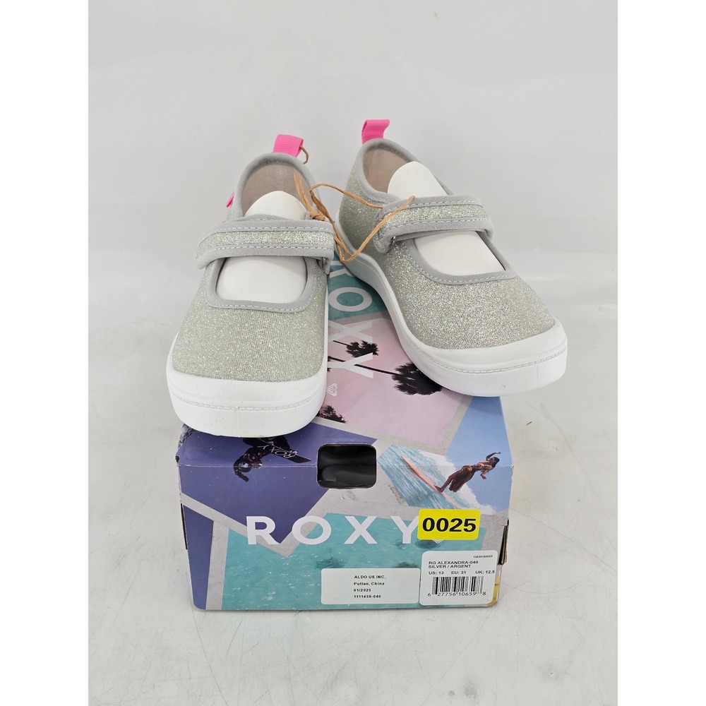 Roxy RG Alexandra-040 Shoes Girls Size 13 Silver Glitter Hook Loop - New